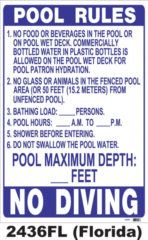 Florida Pool Rules Sign 24" x 36" - State Regulation Compliant