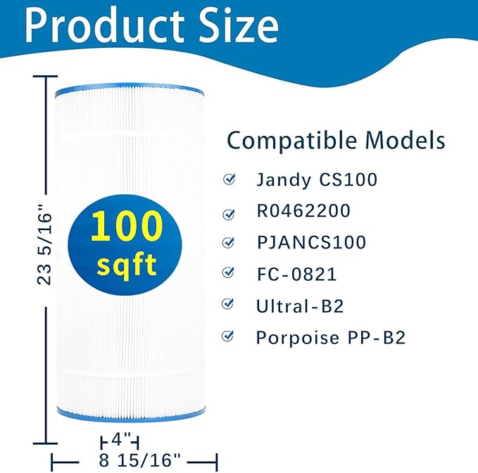 Shell Water Pool Filter Cartridge – Compatible with Jandy CS100, R0462200, PJANCS100 | 100 Sq. Ft. Trilobal Fiber Filter (1-Pack)