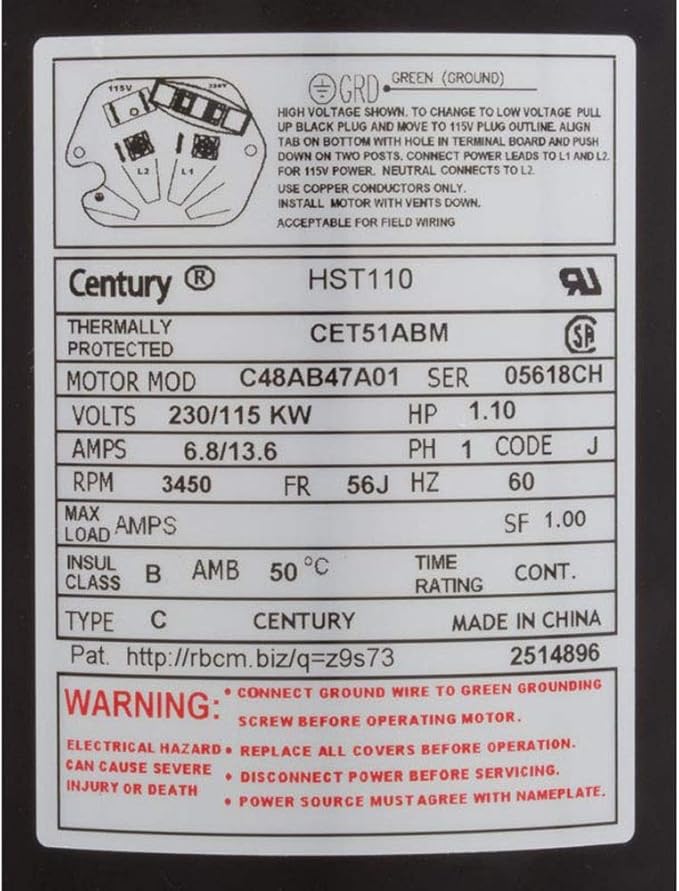 Century Centurion Pro HST110 Pool Pump Motor – 1.10 HP, 3450 RPM, 56J Frame, Single Phase