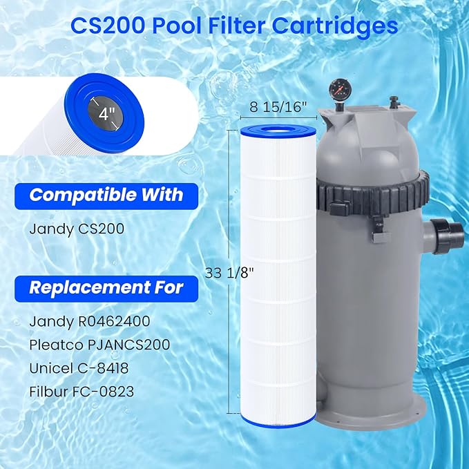 High-Efficiency Pool Filter Cartridge – Compatible with Jandy CS200, Pleatco PJANCS200, R0462400 | 200 Sq. Ft. Ultra-Fine Filtration (1-Pack)