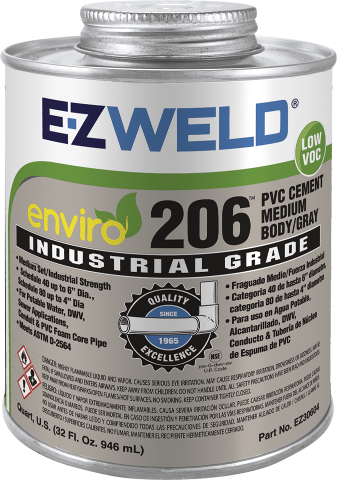 E-Z Weld EZ30604 Enviro PVC Cement Gray – 1 Quart (32 oz) | Medium Body, Fast-Setting PVC Cement with Dauber