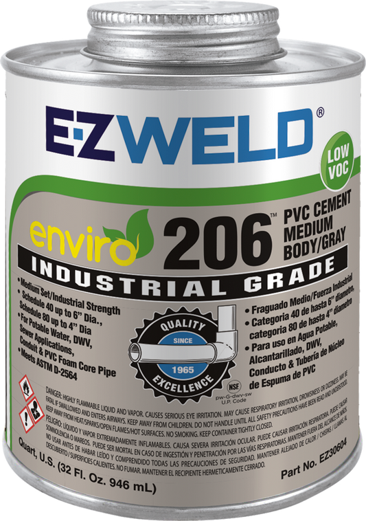E-Z Weld EZ30604 Enviro PVC Cement Gray – 1 Quart (32 oz) | Medium Body, Fast-Setting PVC Cement with Dauber